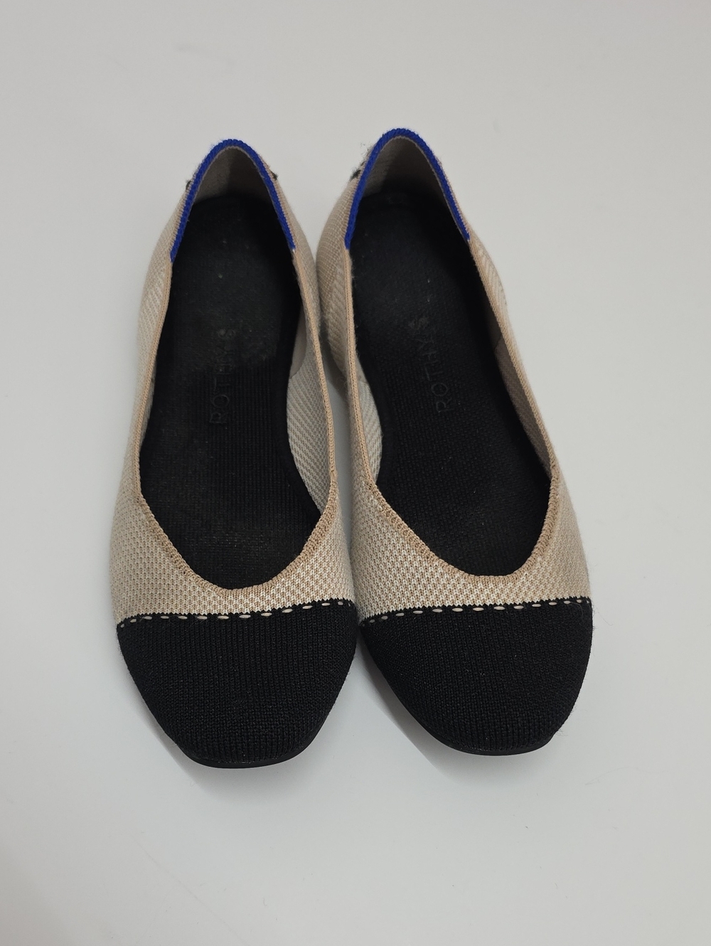 Rothy's Beige and Black Knit Slip-On Ballet Flats with Blue Heel Trim Size 8